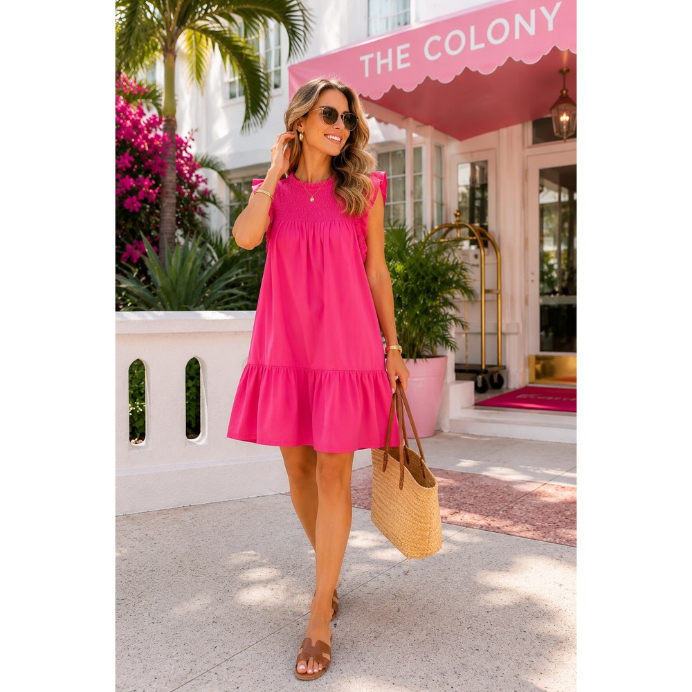NWT &merci Brooklyn Dress Hot Pink Smocked Ruffle Tiered Lined Mini Pocket Small